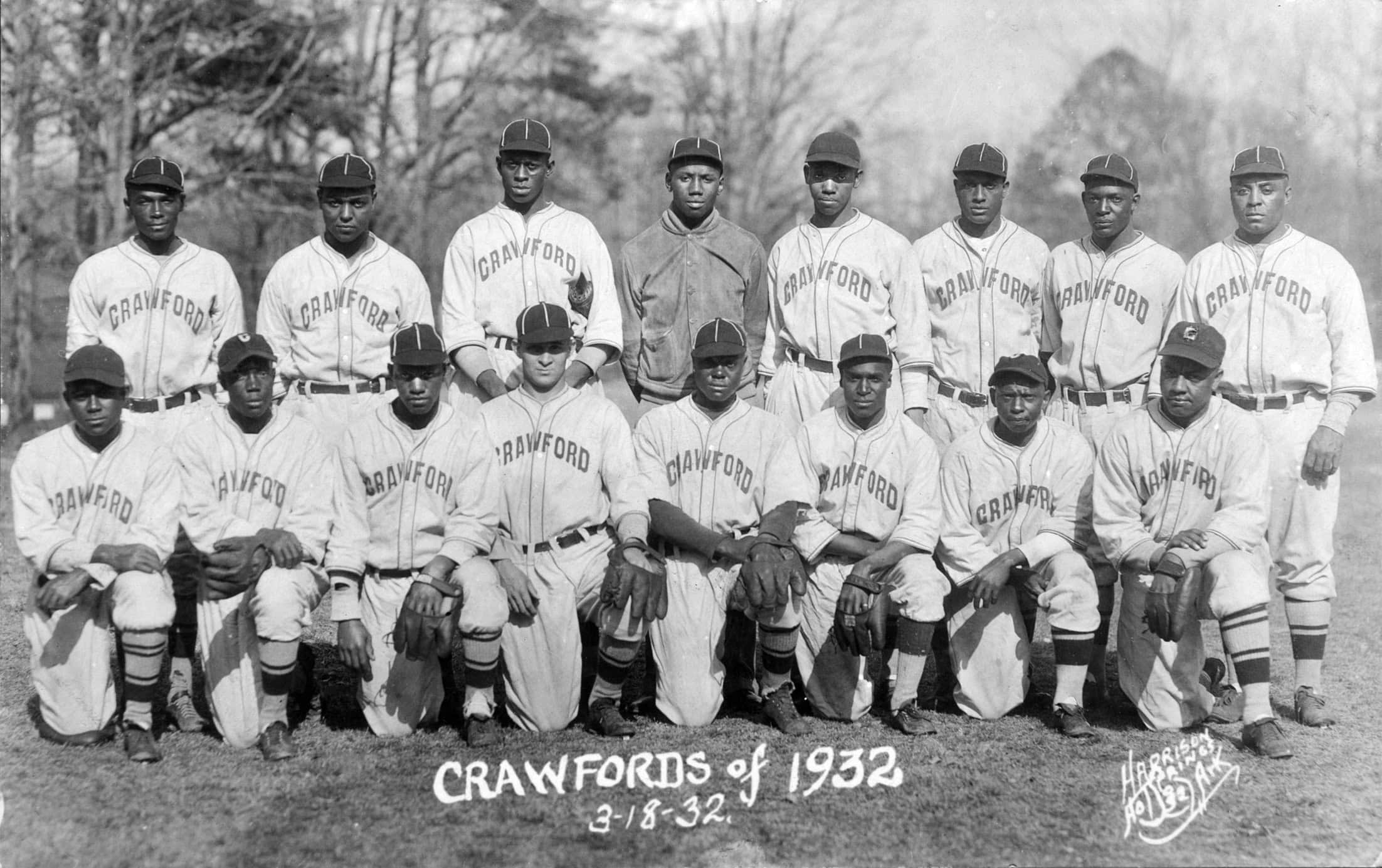 Official photo of an all Black baseball team with the caption "Crawfords of 1932 3/8/32"