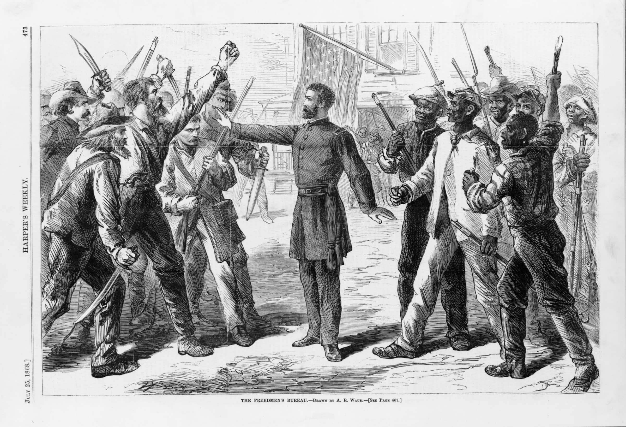 Ink illustration of the A Freedman Bureau's agent standing between a group of whites and a group of freedmen in Harper's Weekly, July 25, 1868.
