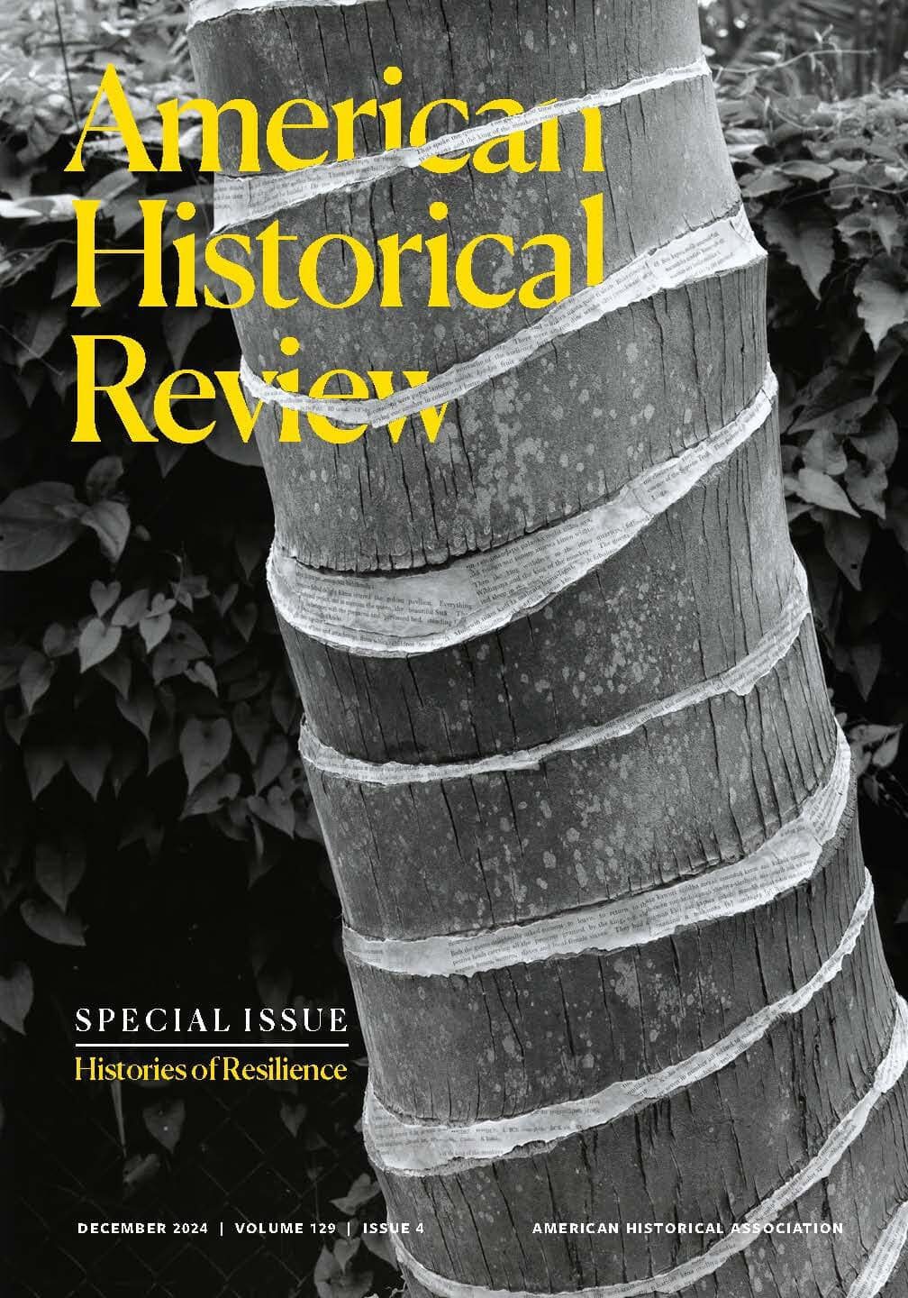 POH_2024-11_AHRCover The image from <em>Forest</em>, on the cover of this “Histories of Resilience” special issue of the <em>AHR</em>, is part of a set of 16 large-format gelatin silver prints that capture temporary installations developed by the Singaporean-born artist Simryn Gill in the late 1990s. These installations involved grafting strands of pages from books and meticulously wrapping them onto trees and plants in tropical landscapes. With the project, Gill addressed issues around the decolonial and resilience, selecting English language works with colonial associations and former colonial military sites in Malaysia as the locations for her installations. Page fragments were intentionally left to decay and return to the raw fibrous material from which books are made. In exploring the epigones of empire in postcolonial Southeast Asia, Gill uncovers how the English language was used as a colonial tool for exploiting natural resources and fostering inequalities. But she also suggests that, in the end, the language forced on colonial subjects was overwhelmed by the resilience of local ecosystems.